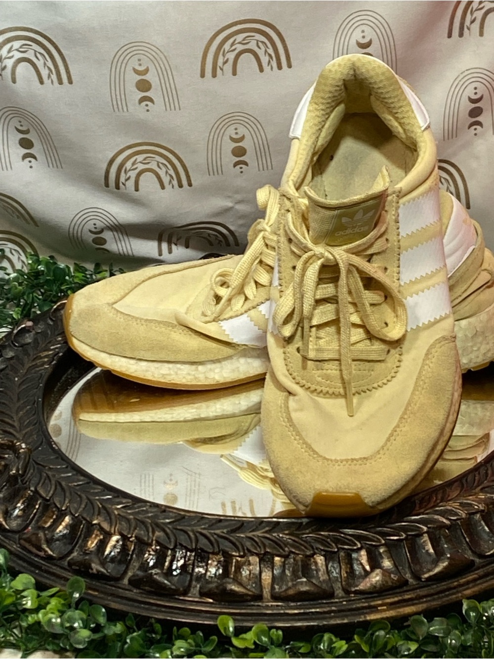 adidas Pale Yellow Suede & Mesh Sneakers with White Stripes